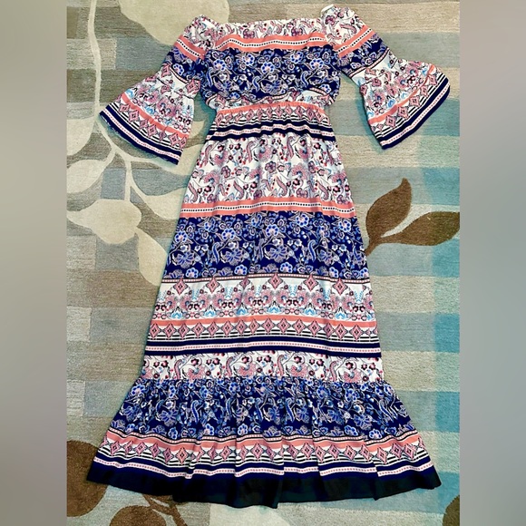 Eliza J Off Shoulder 1/2 Bell Sleeves Floral Paisley Maxi Dress w Tie Waist - Picture 7 of 9